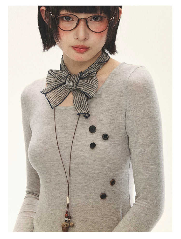 "Spring Memoir" TENCEL™ Wool Pleated Knit Midi Dress (Oat Gray/ Butter Cream)