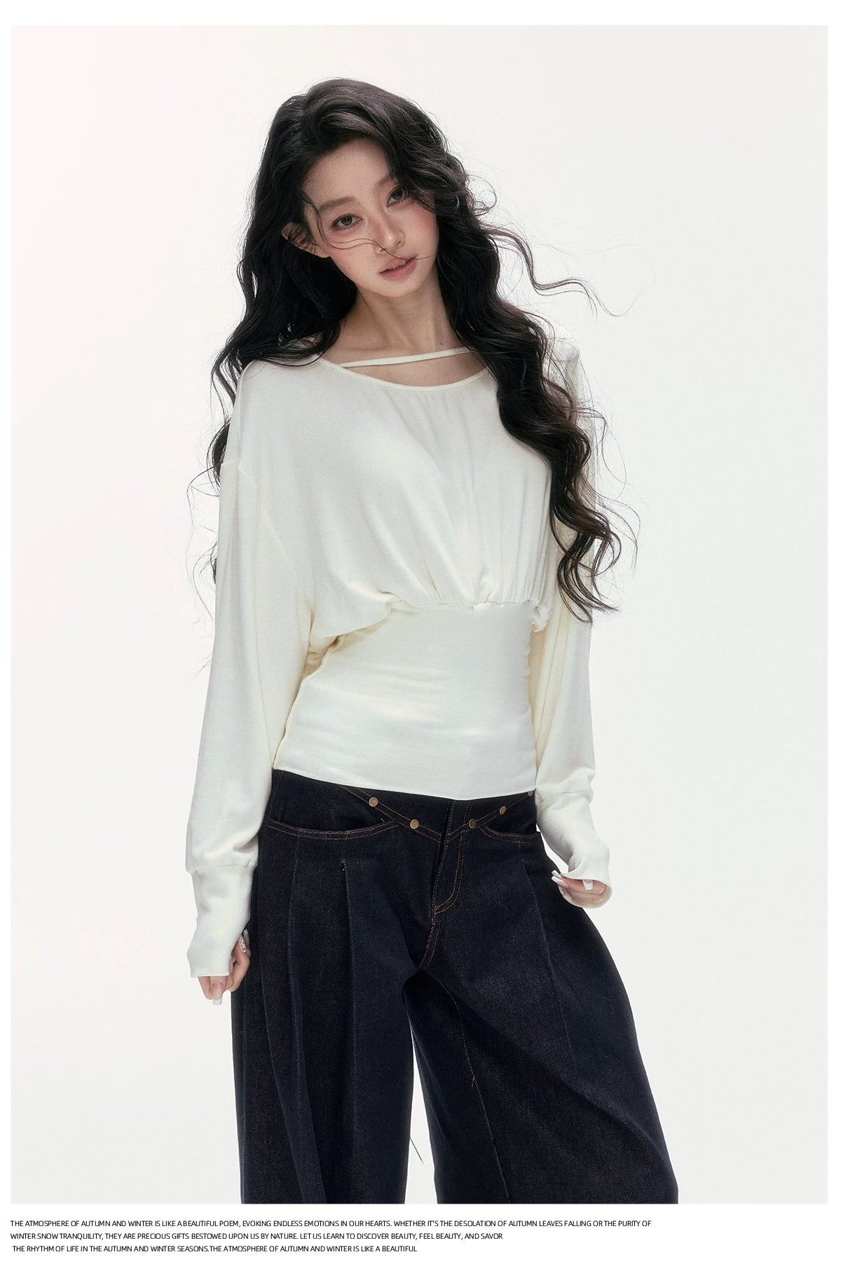 24olvides - Boat Neck Long Sleeve Top with Lace Open Back (Beige / Black)