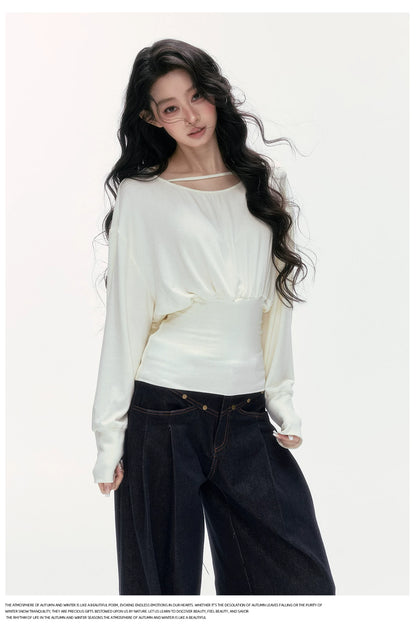 24olvides - Boat Neck Long Sleeve Top with Lace Open Back (Beige / Black)