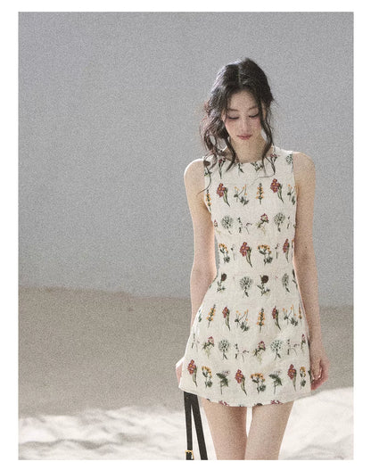 "Wildflower Daydream" Dutch Cream Embroidered Mini Dress - Sleeveless 45684