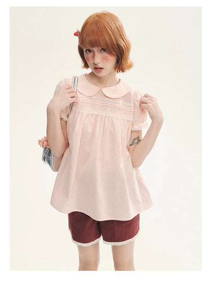"Sweet Silhouette" Plaid Lace Trim Puff Sleeve Peter Pan Collar Blouse (Red Blue / Red White)