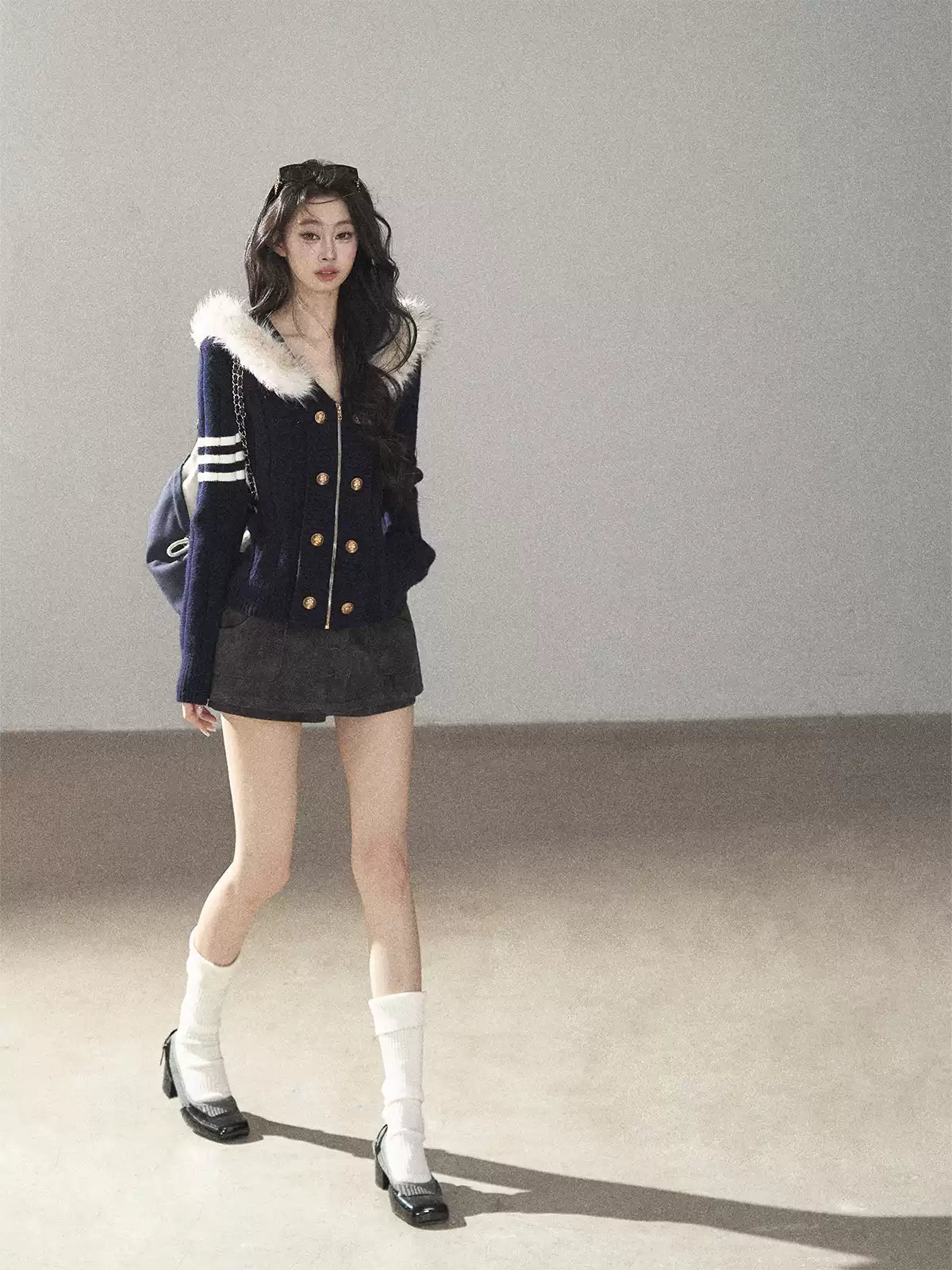 AOMALM - Blue Hooded Cable-Knit Sweater Jacket with White Stripes