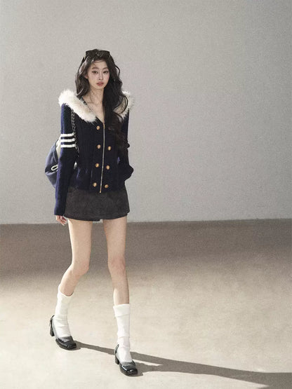 AOMALM - Blue Hooded Cable-Knit Sweater Jacket with White Stripes