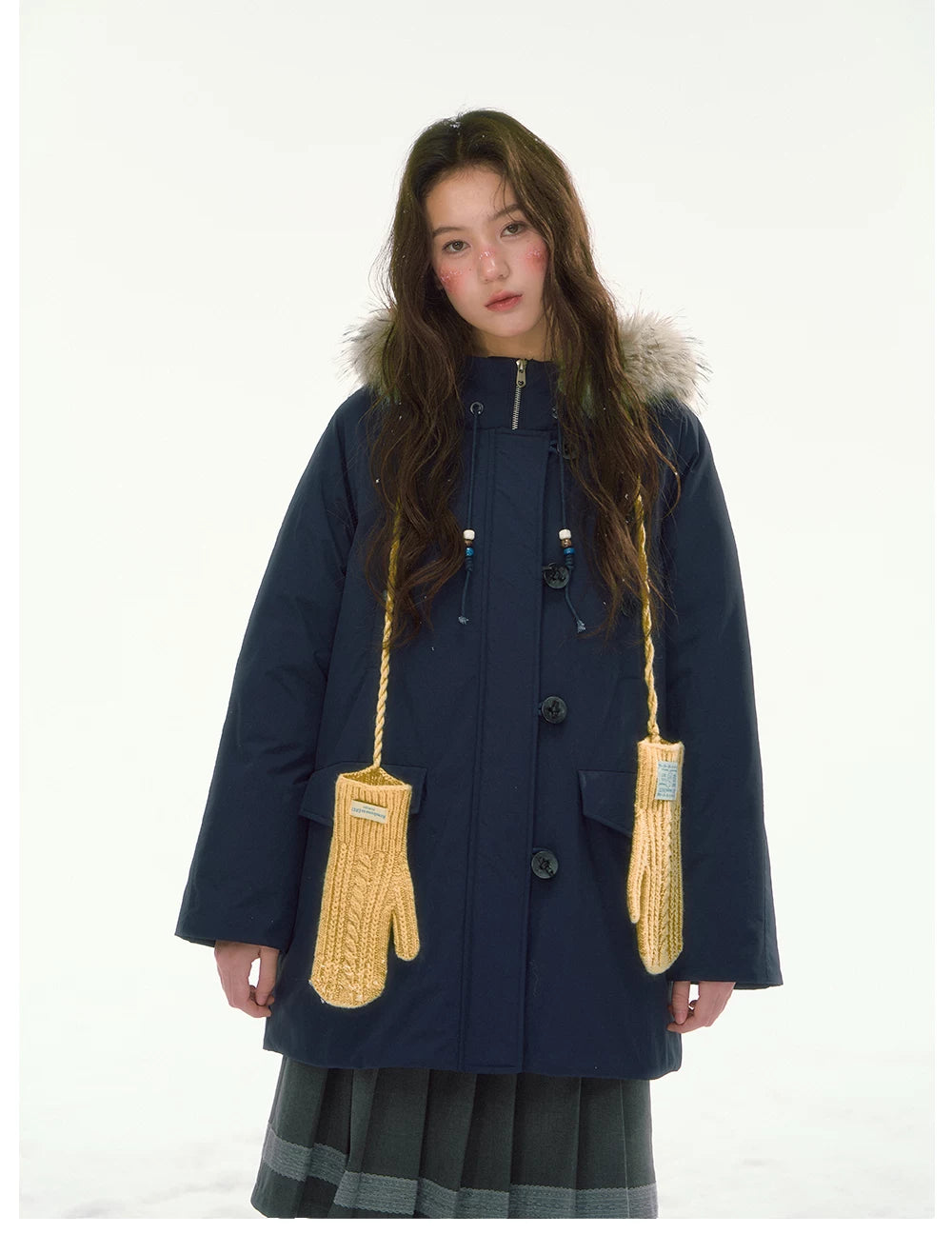 CANSTORE - "Voyage Day" Navy Blue Mid-Length Down Coat with Detachable Faux Fur Collar