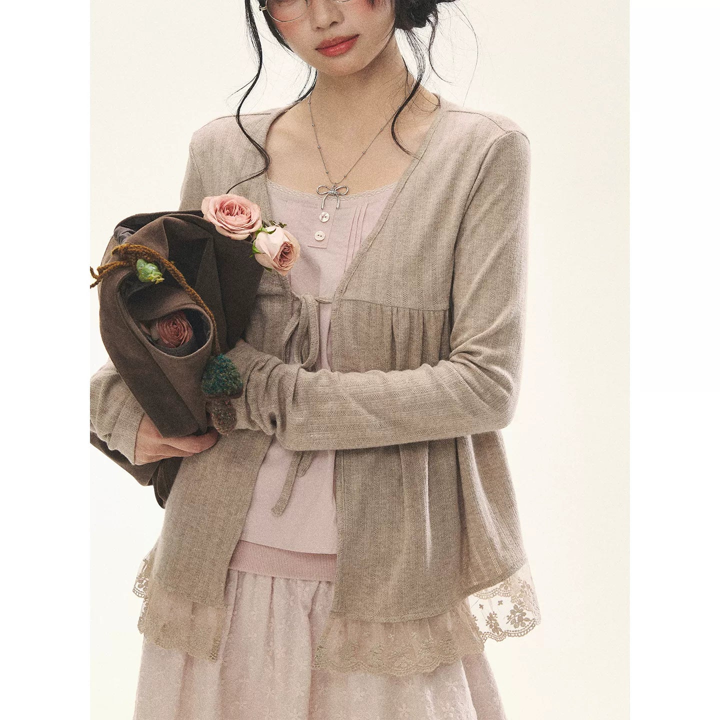 "Roasted Tea Heart" Milk Tea Faux-Layer Lace Cardigan & Skirt Set