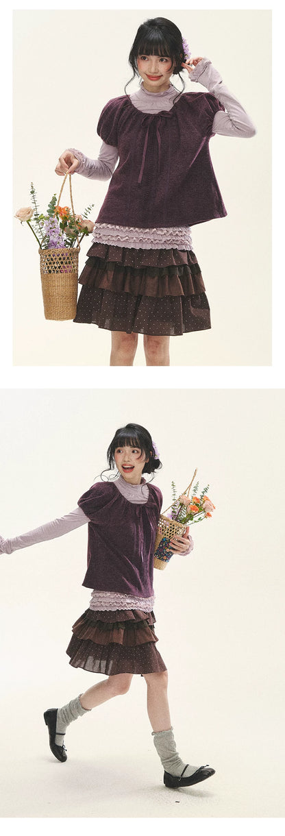 "Violet Journal" Grape Purple Bow Lace Short Sleeve Knit Top