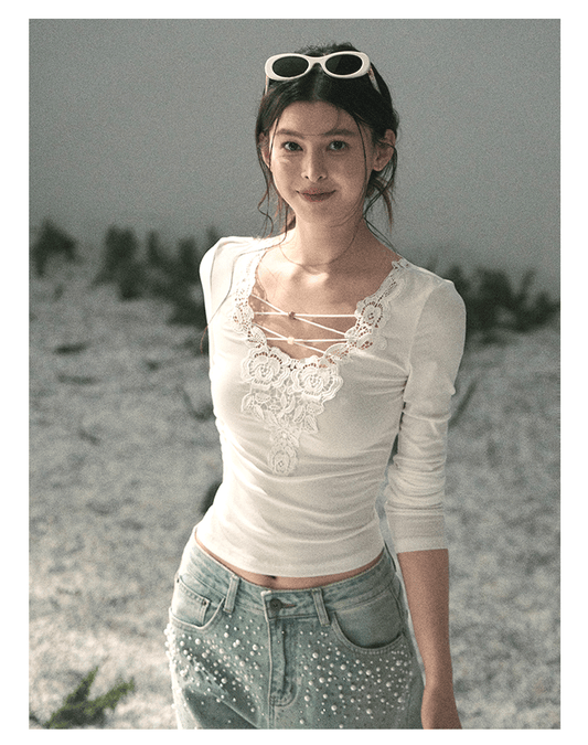 “Lace Summer Haven” Frost White Lace V-Neck Top