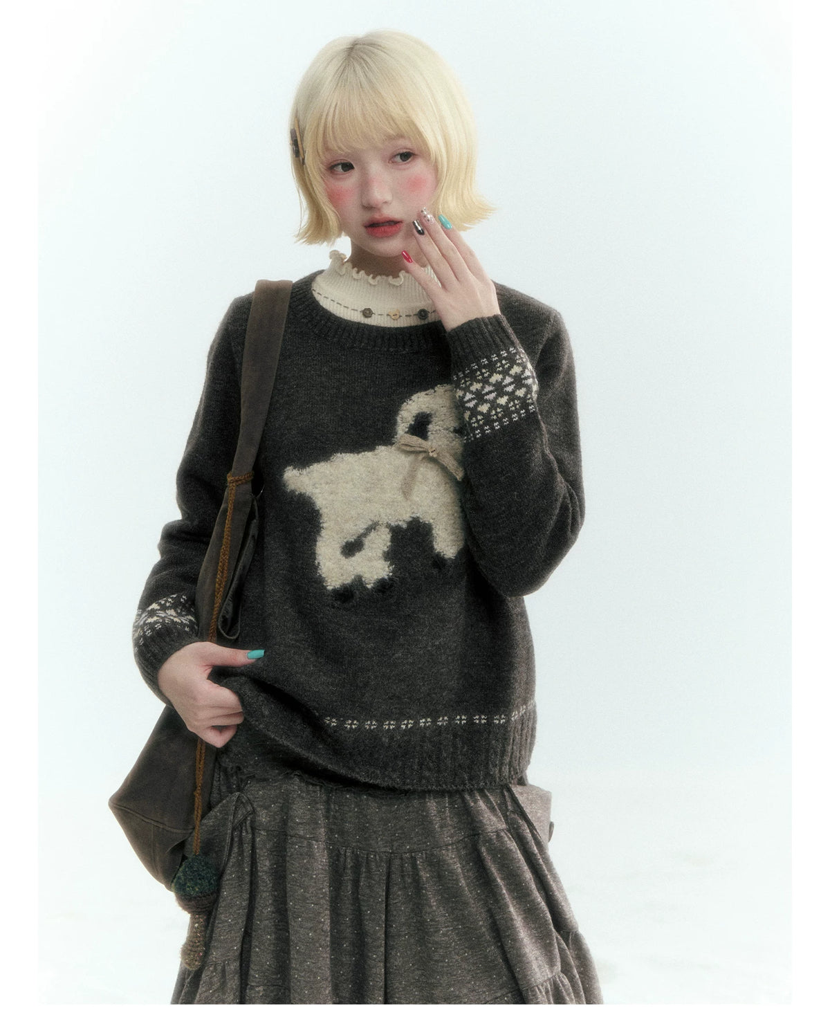 Horridale - Vintage Ruffle-Trim Wool-Blend Mock Neck Top (White Almond / Dark Gray)