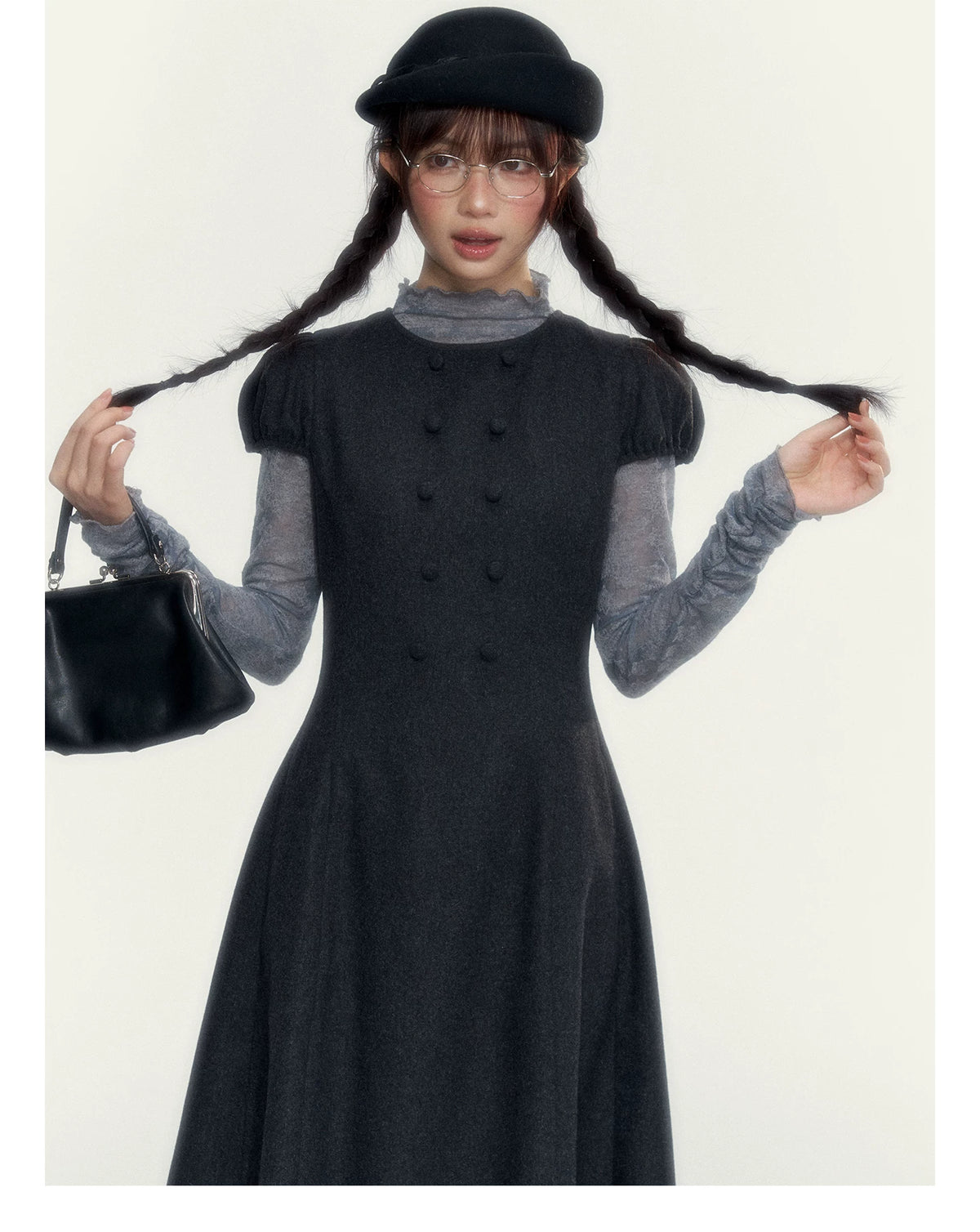 Vintage Double-Breasted Wool Dress & Knit Fringe Cape Set