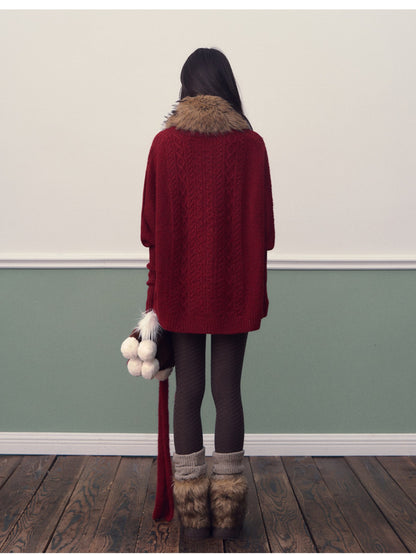 Soote Season - "Vintage Holiday Bow" Burgundy Batwing Faux-Fur Collar Cable-Knit Cardigan