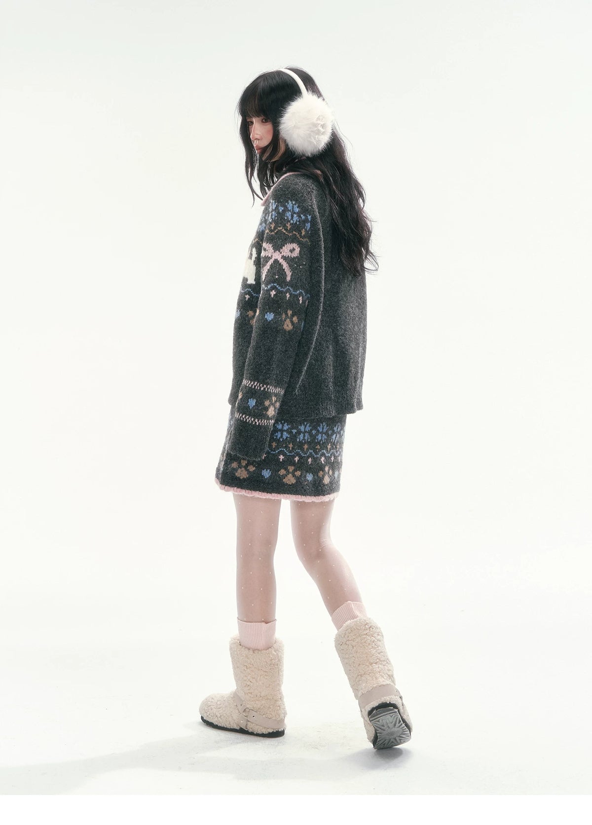[CAN] Puppy Fair Isle Knit Sweater & Skirt Set (Gray / Pink)