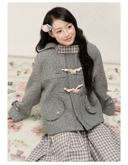 [RF] Floral Heather Gray Pink Plaid-Trim Hooded Duffle Coat