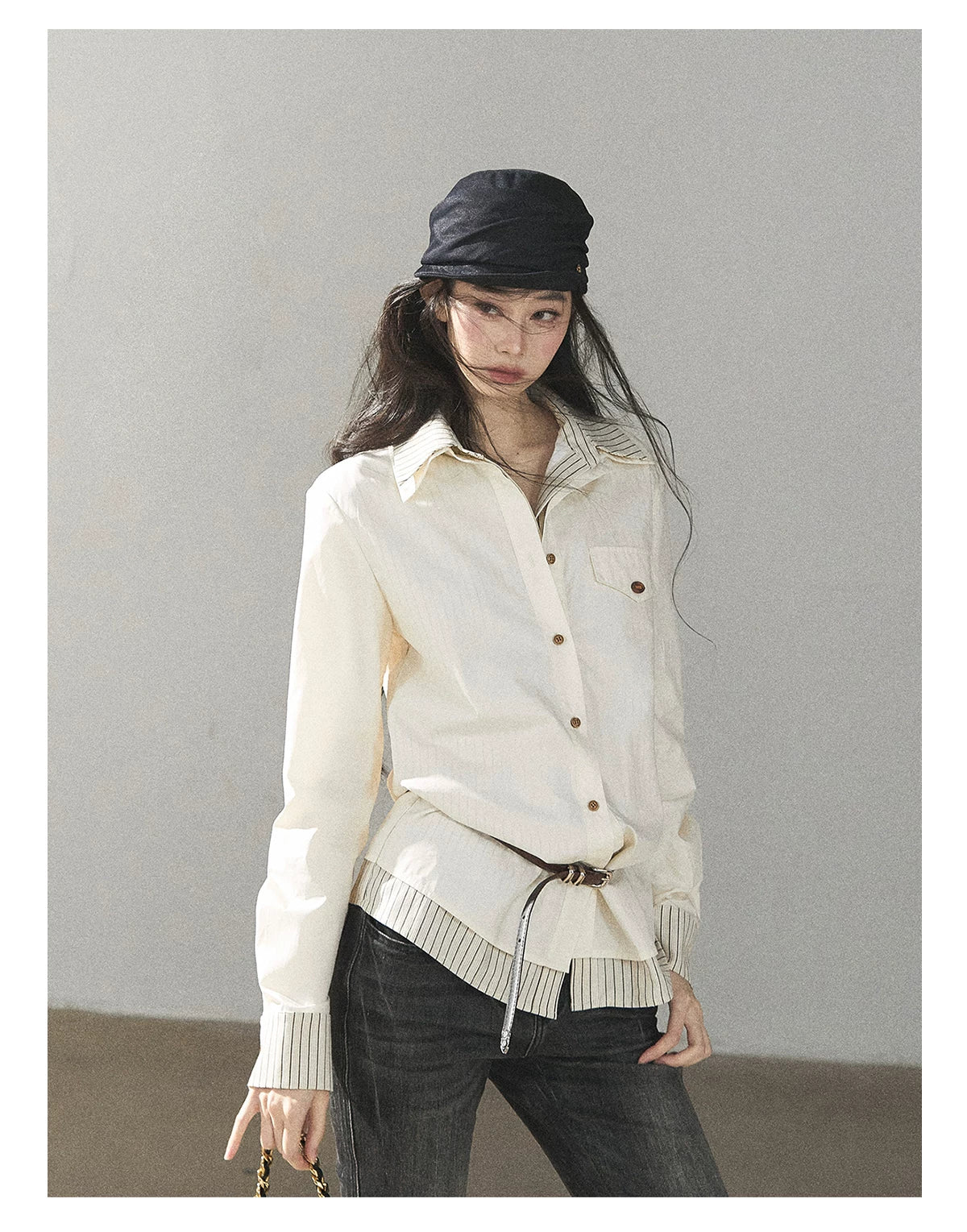 AOMALM - Cream White Stripe Belted Shirt Top