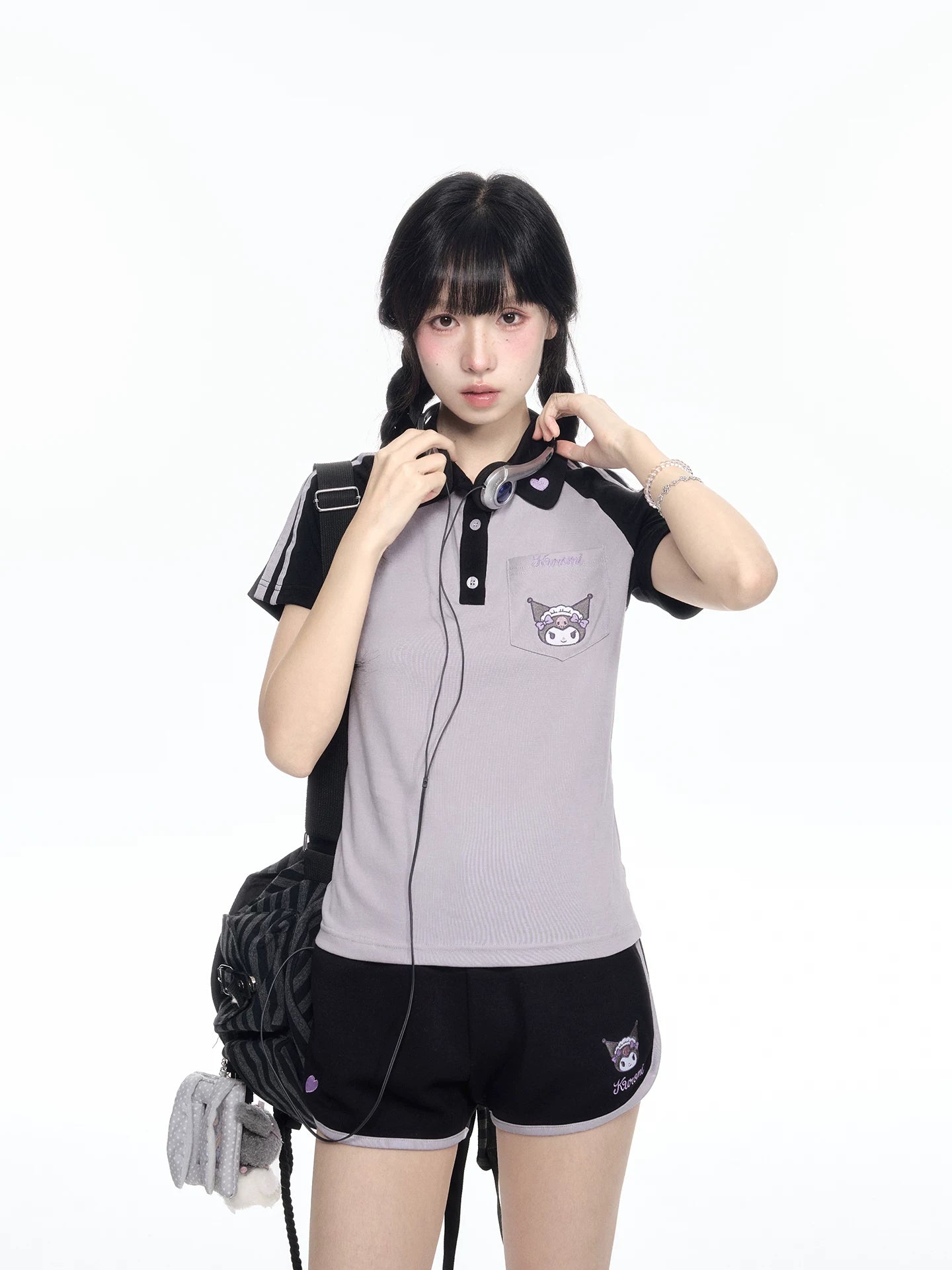 170726K "Midnight Track" Black & Purple Polo Athletic Set (Polo Athletic Top + Athletic Shorts)