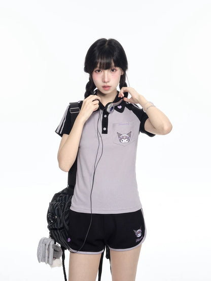 170726K "Midnight Track" Black & Purple Polo Athletic Set (Polo Athletic Top + Athletic Shorts)