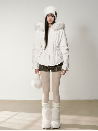 Soote Season - “Cloud Waistline” Cloud Mist White Faux Fur Collar Cinched Puffer Parka