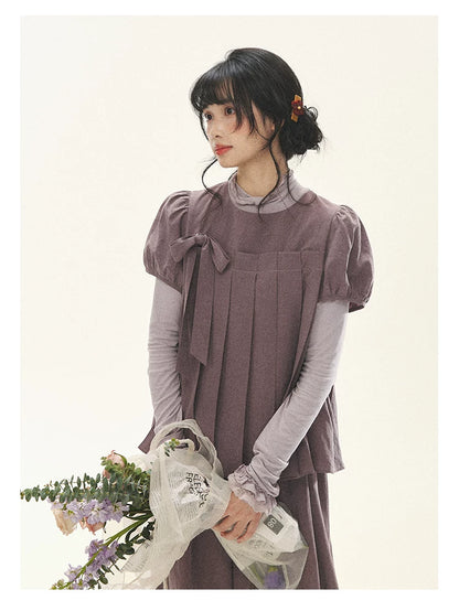 "Whispers Between Pleats" Gray Grape Purple Pleated Top & Maxi Skirt Set