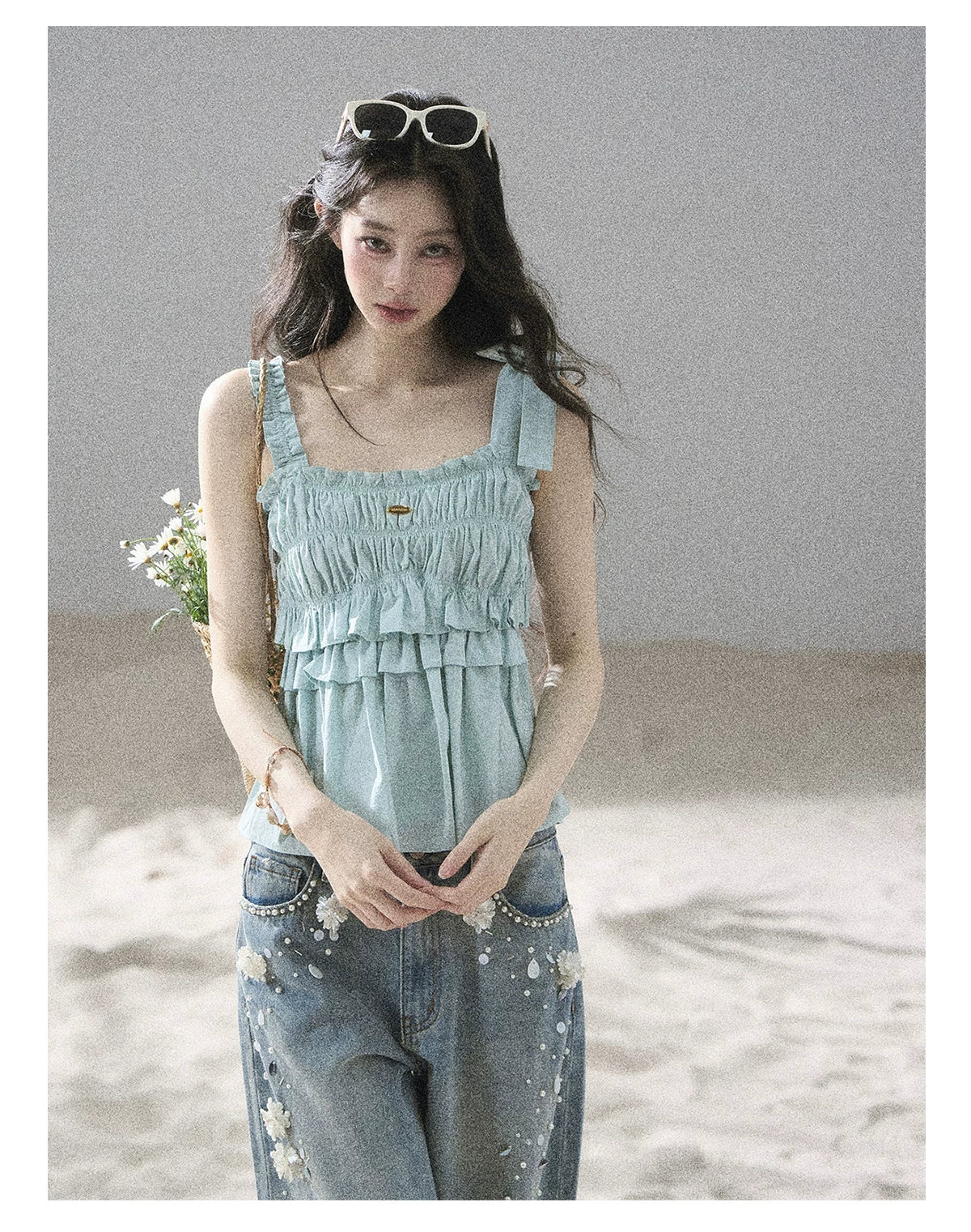 "Gentle Whisper" Glacier Blue Ruffle Peplum Cotton Top