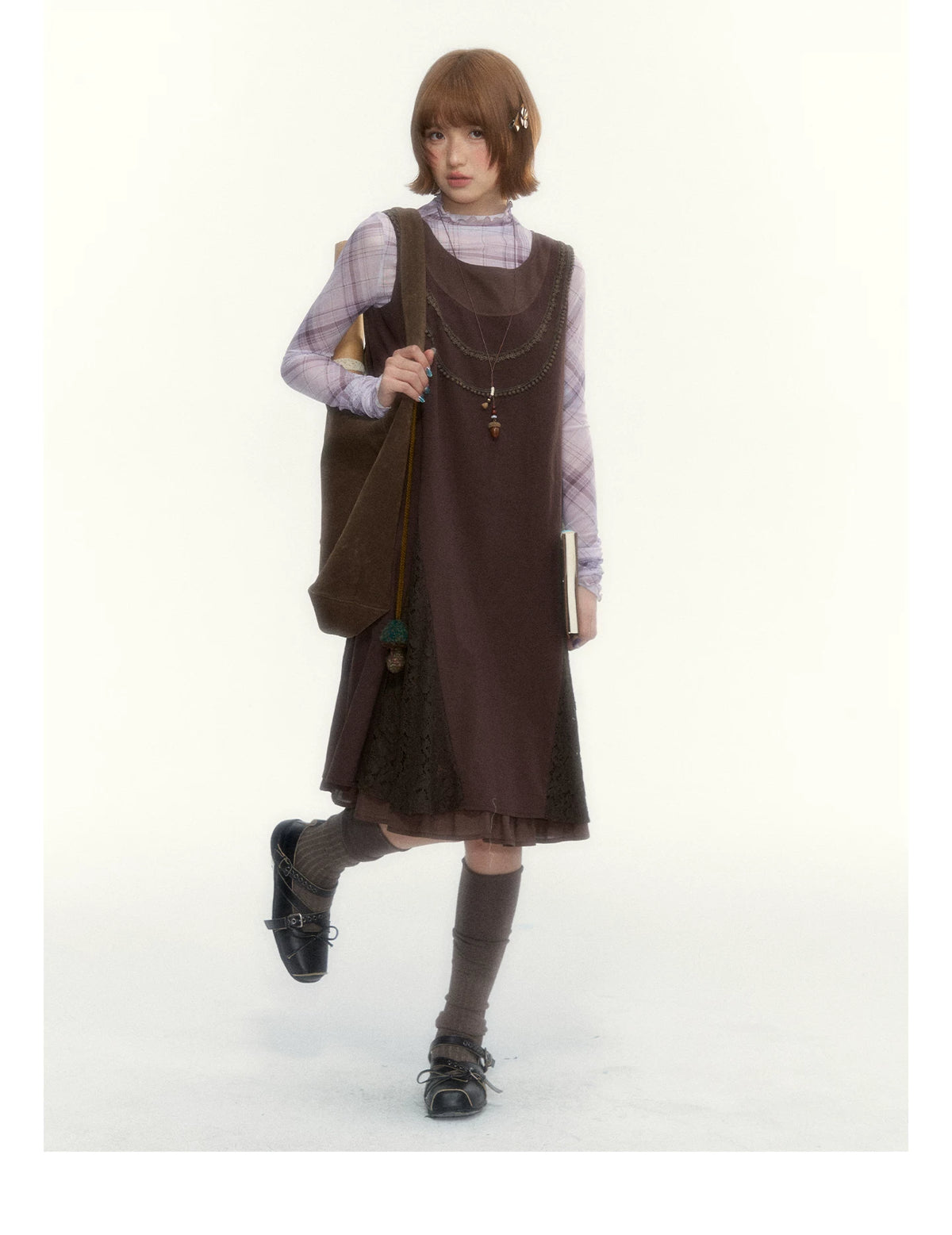 "Caramel Afterglow" Cocoa Brown Lace-Trim A-Line Dress Set with Purple Plaid Layering Top