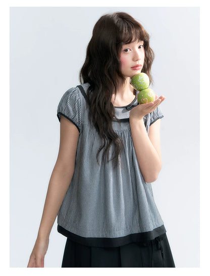 "Black Toast" Black Stripe Asymmetrical Collar Babydoll Blouse