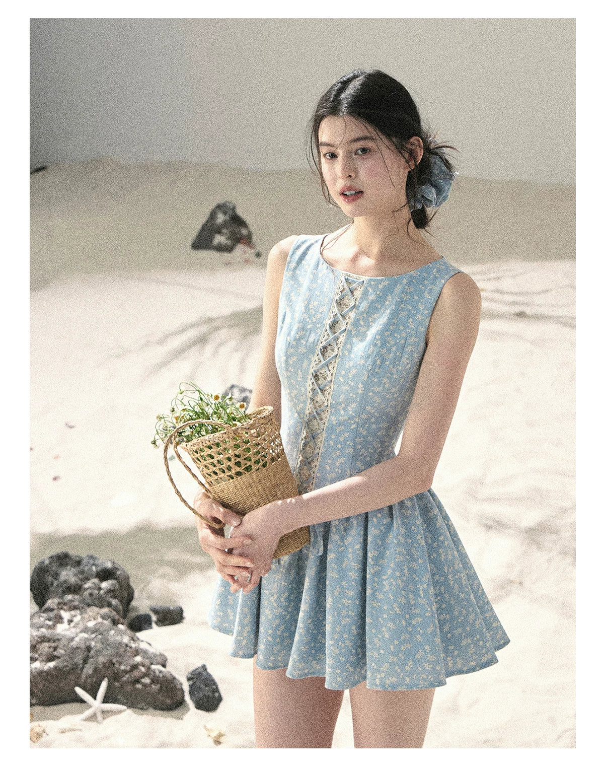 "Sage Summer" Haze Blue Lace Floral Puff Mini Dress