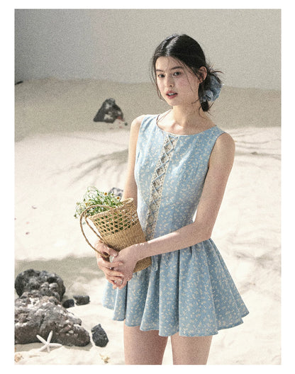 "Sage Summer" Haze Blue Lace Floral Puff Mini Dress