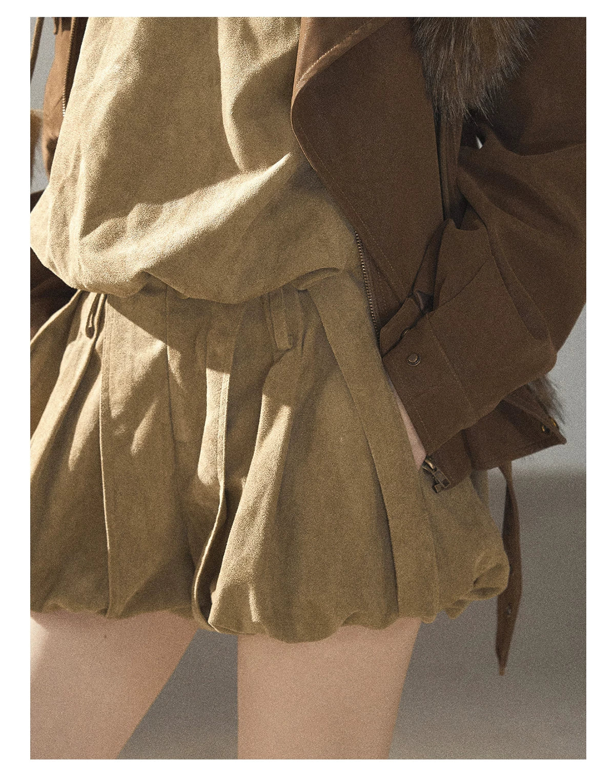 AOMALM - "The Veins of Leaves" Oatmeal French Faux Suede Top & Shorts Set