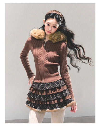 少也眼 “Sunset Left Behind” Knit Sweater Hoodie with Detachable Fur Trim 143685435