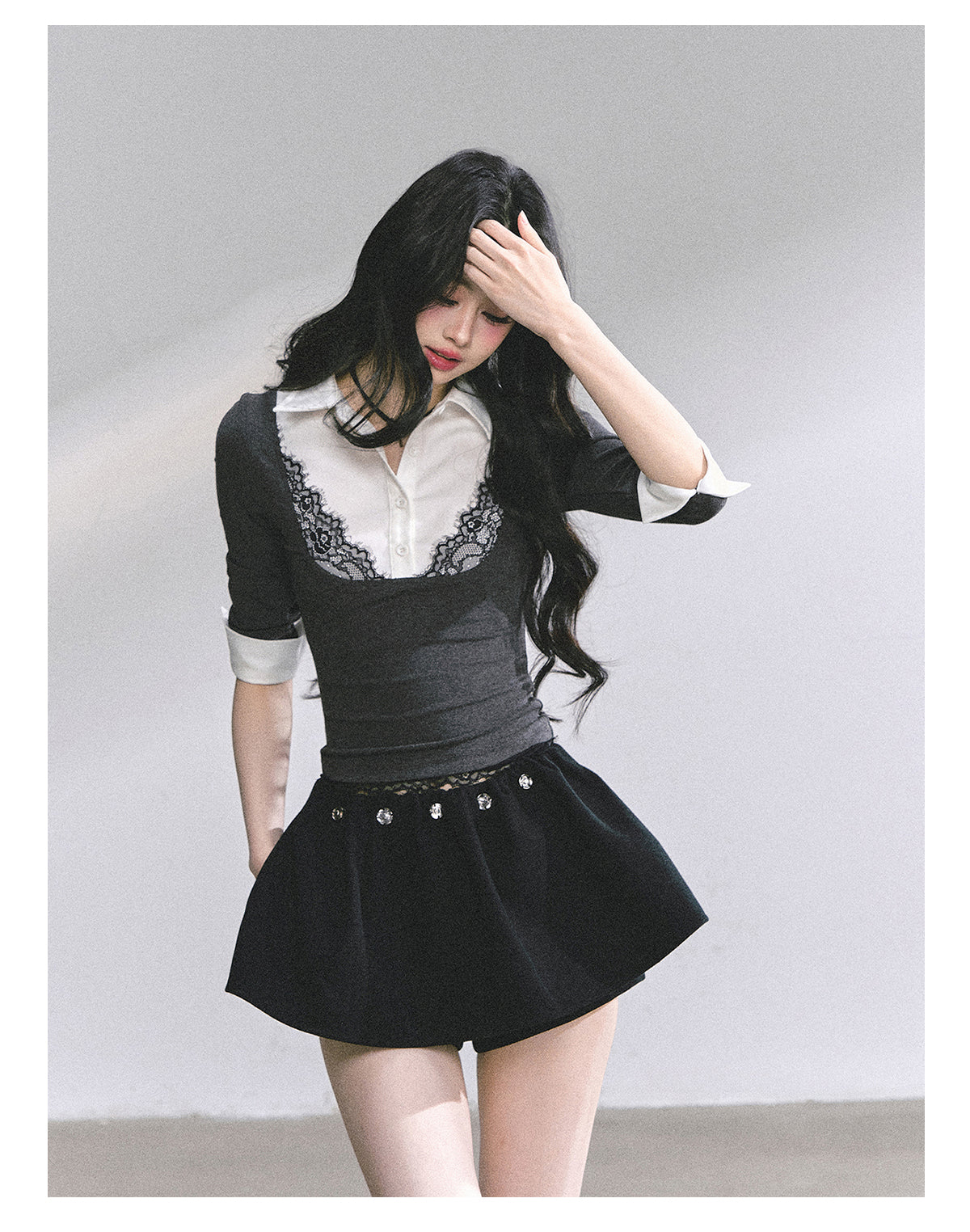 少也眼 "High-IQ Muse" Lace-Layered Polo Tee 76546315