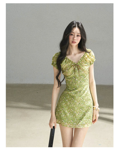 "Breath of the Forest" Misty Sage Embroidered Chiffon Mini Dress