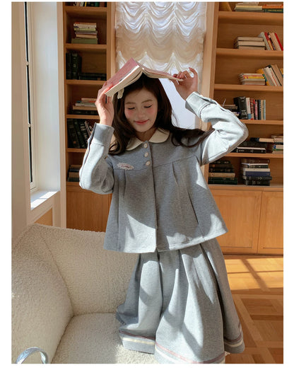 “Misty Academy Reverie” Light Grey Cropped Top & Bubble Mini Skirt