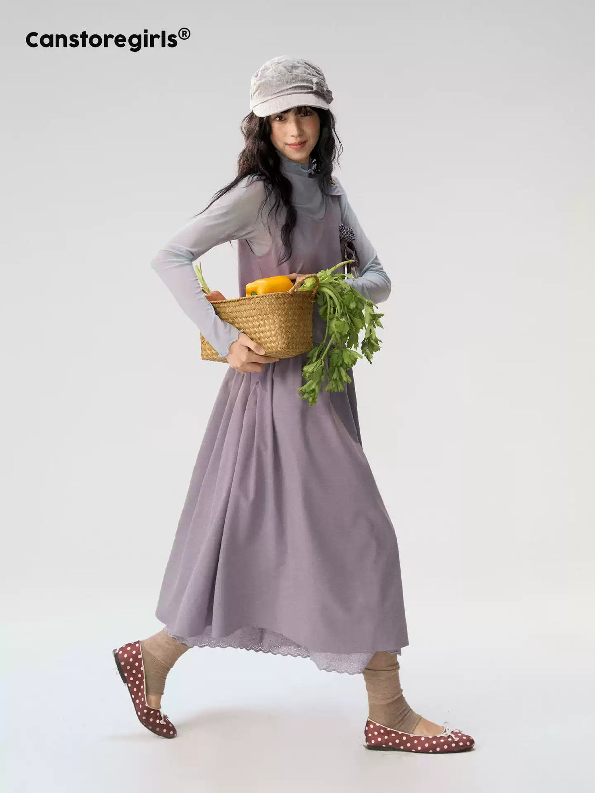 [CAN] "Violet Floral Bow" Purple Lace-Trim A-Line Pinafore Dress