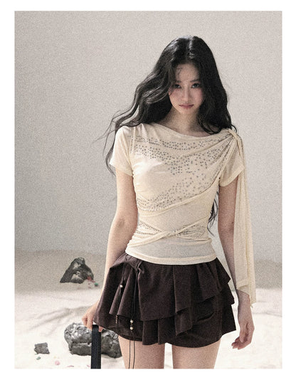 “Frosted Kiss” Dutch Cheese Crystal Mesh Short Sleeve Top