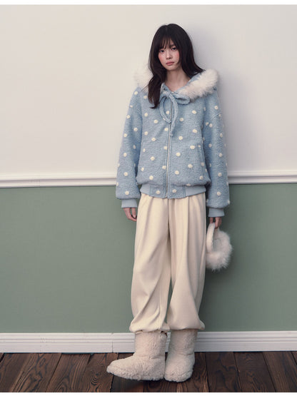Soote Season - Pastel Blue Polka Dot Wool-Blend Hooded Varsity Jacket with Bow Detail