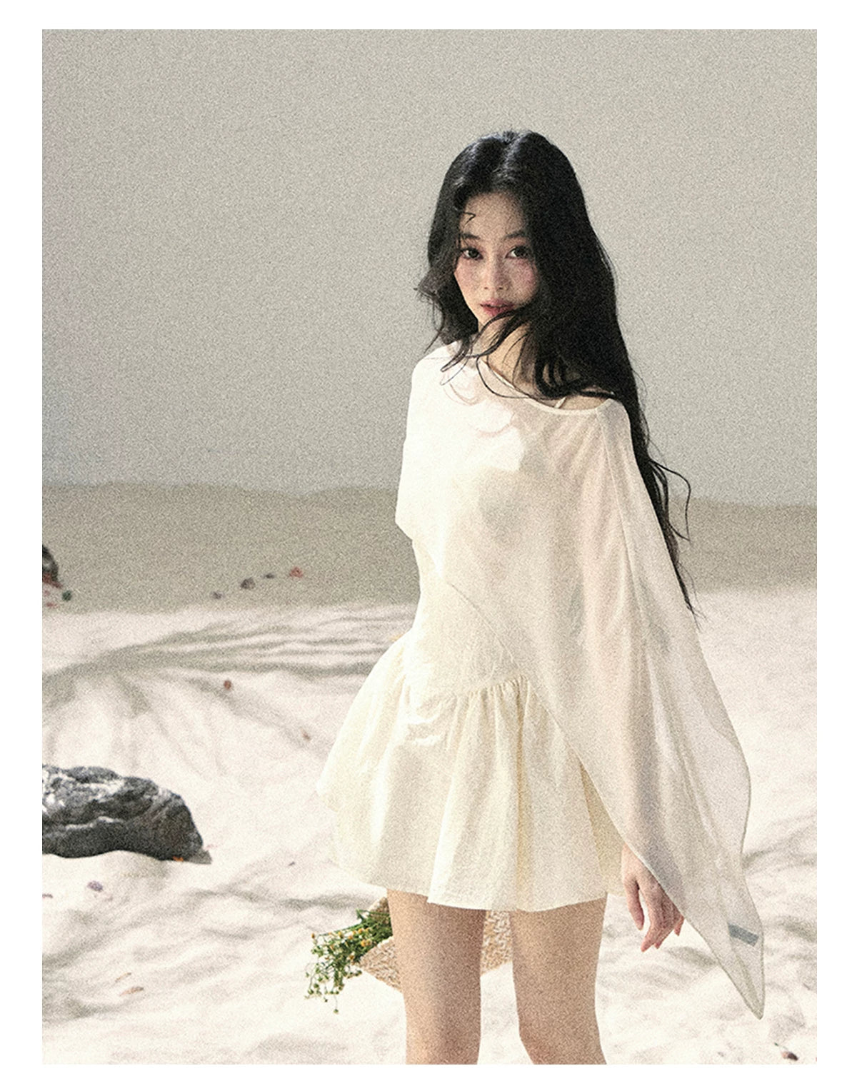 "Veiled in Mist" Cream Apricot Puff Mini Dress & Chiffon Shawl Set 5348
