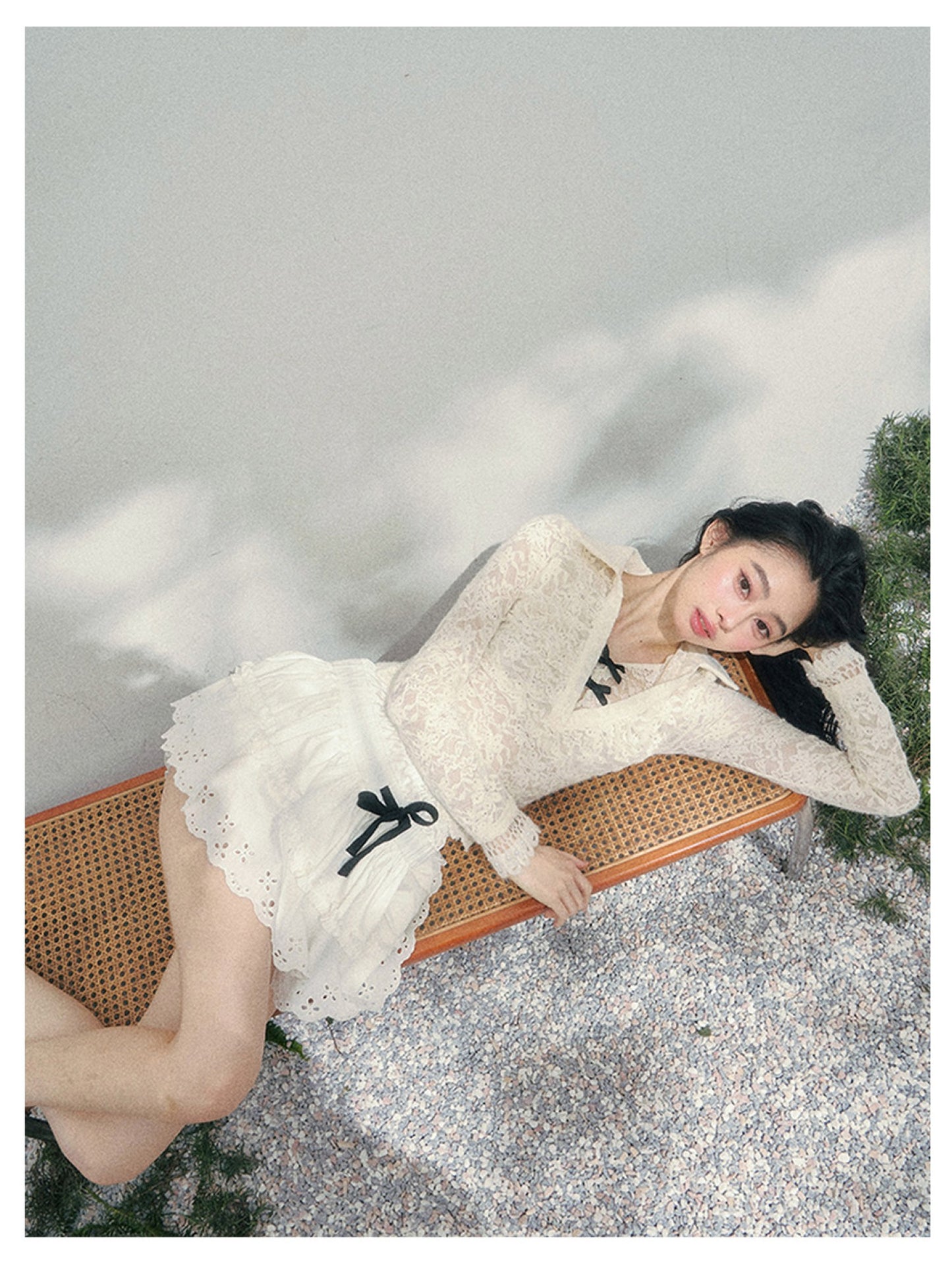 少也眼 “Soft Focus Monologue” Faux-Layer Sheer Lace Tie-Detail Top – Apricot 4563634583