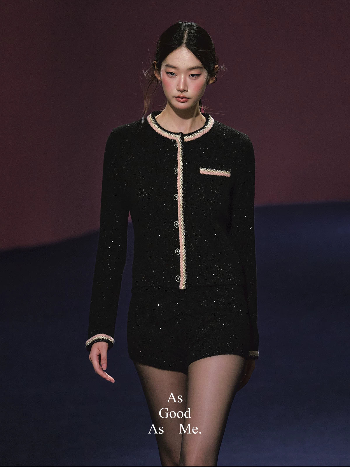 "Starlit Heiress" Black Shimmer Contrast Knit Cardigan & Shorts Set