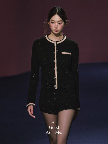 "Starlit Heiress" Black Shimmer Contrast Knit Cardigan & Shorts Set