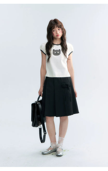 "Hide and Seek" Ivory Cat Patchwork Embroidered Puff Sleeve T-Shirt