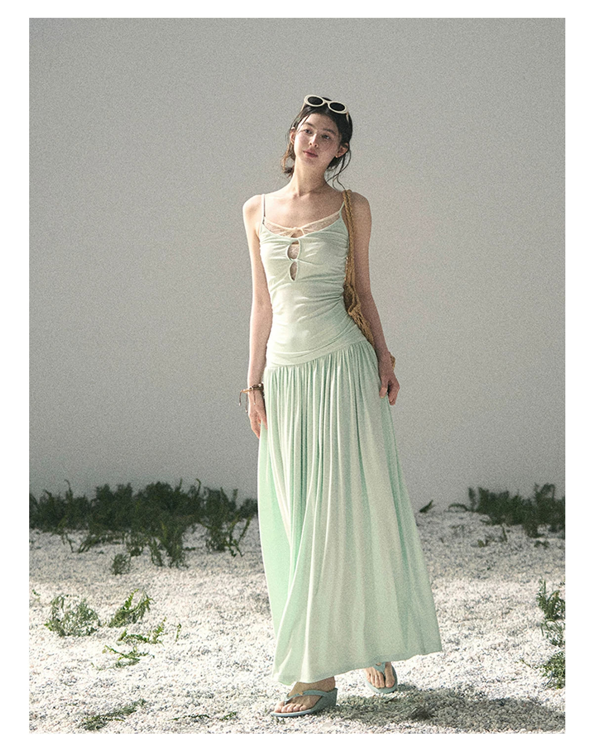 “Mint Afterglow” Jade Green Twist Cutout Top & Maxi Skirt
