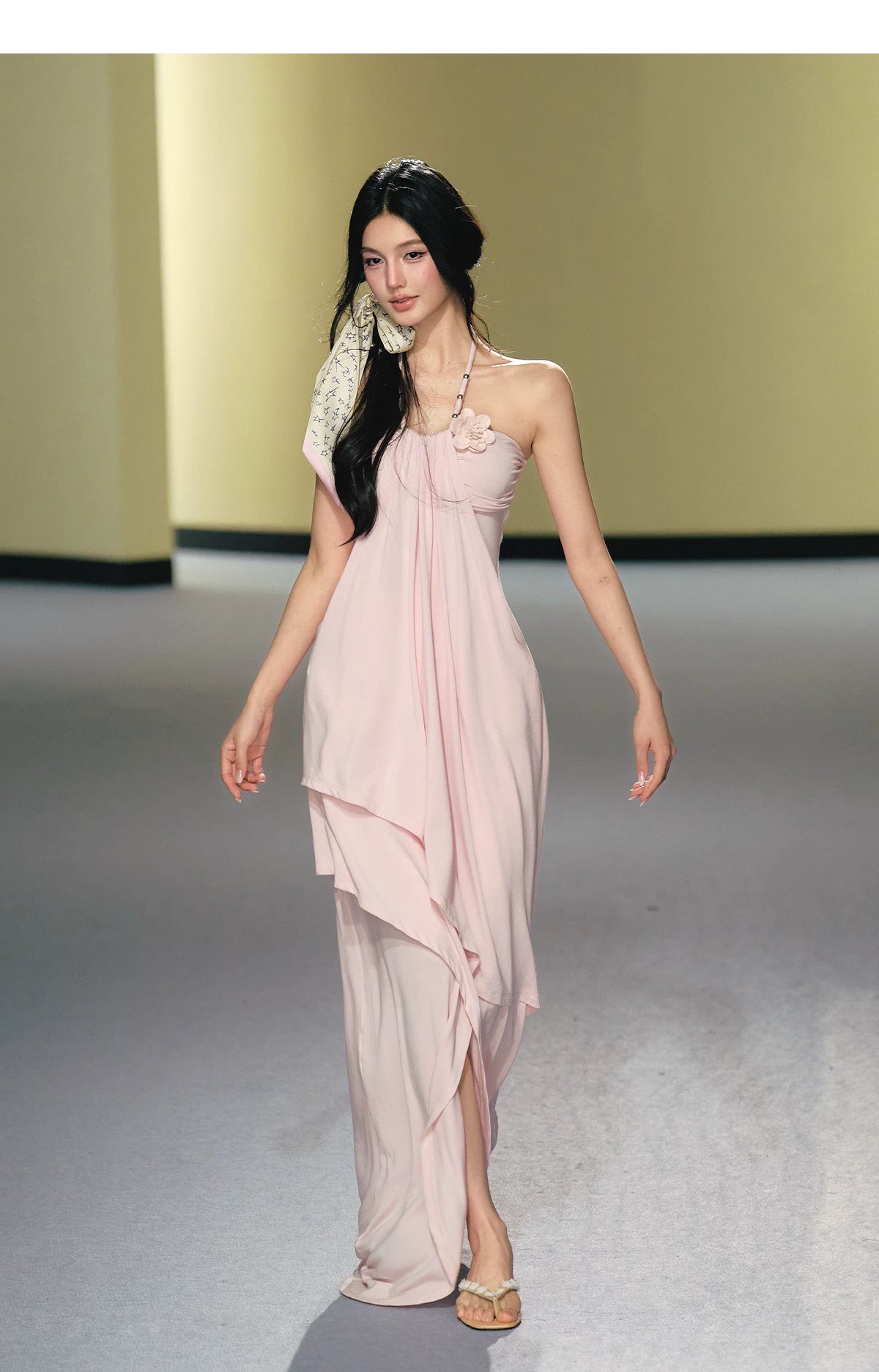"Moonlit Reverie" Halter Layered Maxi Dress (Black/ Blush Pink)