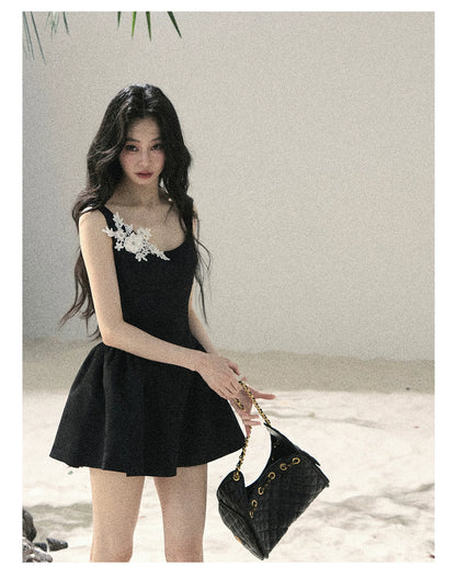 "Wisteria Climbing the Vines" Black Iris Floral Lace Puff Mini Dress 7645