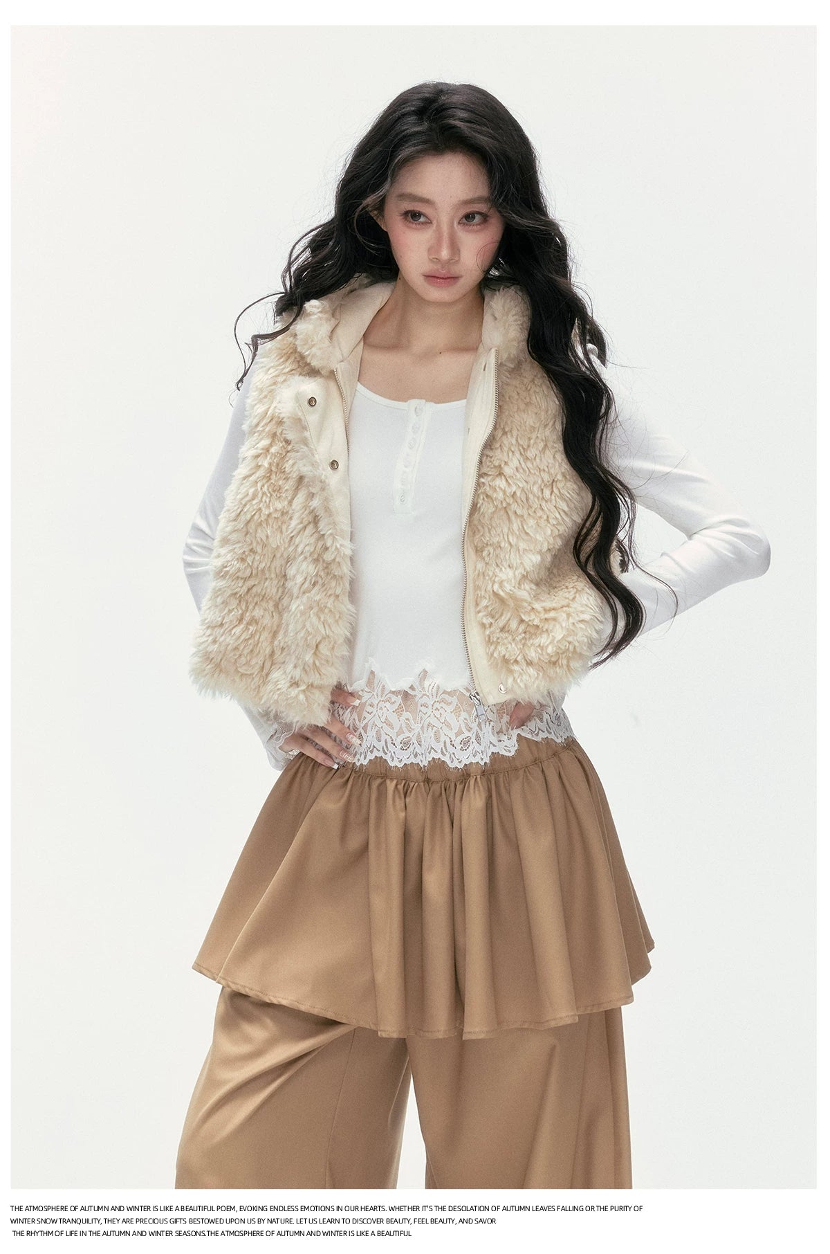 24olvides - Winter Mood Faux Fur Hooded Vest (Pink / Khaki / Cream White with Polka Dots)