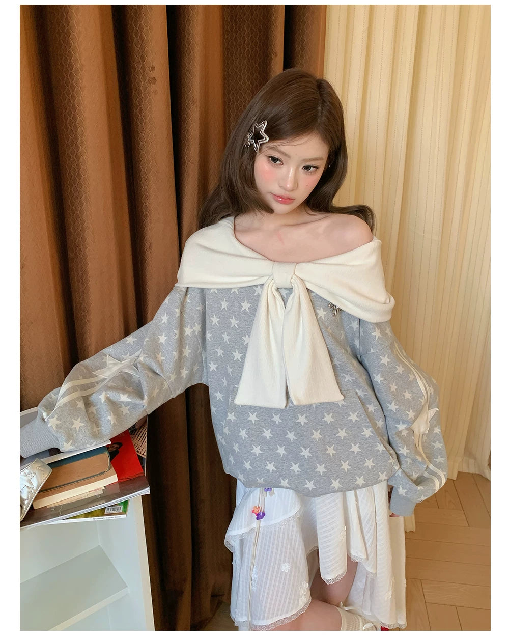 “Starlit Ribbon Reverie” Grey Off-Shoulder Hoodie