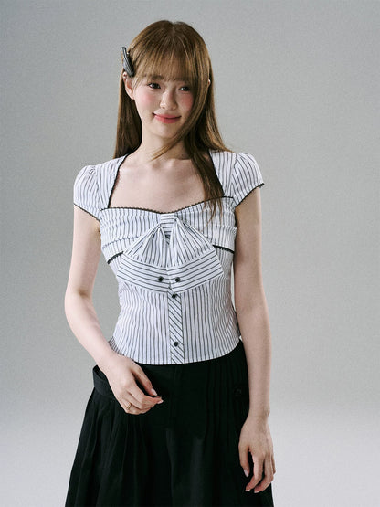 LOST FOREST - Black And White Striped Bow Crop Top