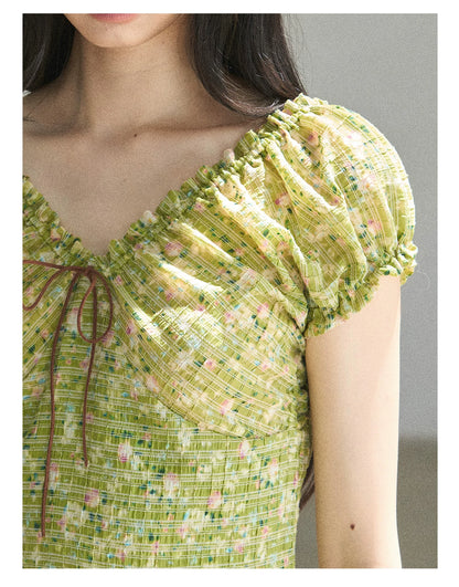 "Breath of the Forest" Misty Sage Embroidered Chiffon Mini Dress