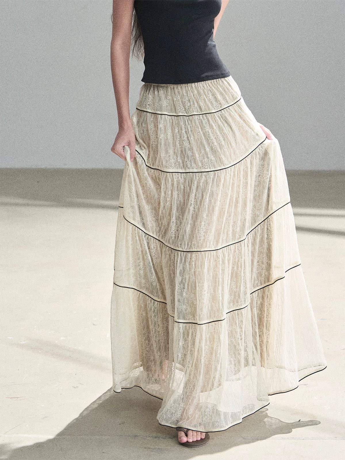 "Mist Through the Woods" Creamy Apricot White Lace Maxi A-Line Skirt