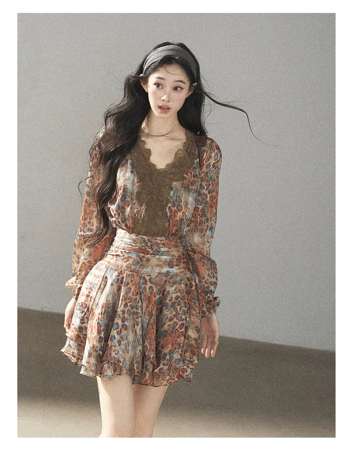 AOMALM - “Whispers of Withered Branches” Rich Cocoa French Lace Chiffon Mini Dress with Tights