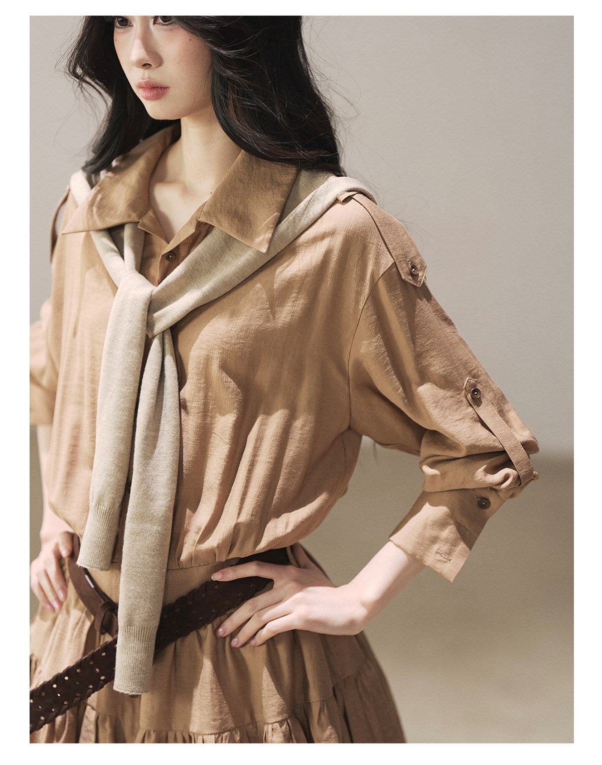 170726 "Through the Golden Wheat Fields" Chestnut Brown Utility Shirt Mini Dress with Belt & Shorts