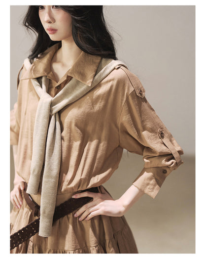 170726 "Through the Golden Wheat Fields" Chestnut Brown Utility Shirt Mini Dress with Belt & Shorts